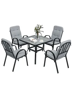 Outsunny 5 Pieces Outdoor Square Garden Dining Set w/ Tempered Glass Dining Table 4 Cushioned Armchairs, Umbrella Hole, Grey