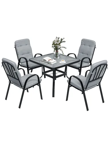 Outsunny 5 Pieces Outdoor Square Garden Dining Set w/ Tempered Glass Dining Table 4 Cushioned Armchairs, Umbrella Hole, Grey