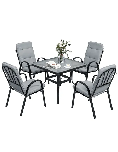Outsunny 5 Pieces Outdoor Square Garden Dining Set w/ Tempered Glass Dining Table 4 Cushioned Armchairs, Umbrella Hole, Grey
