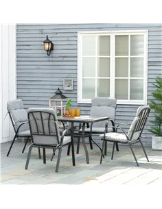Outsunny 5 Pieces Outdoor Square Garden Dining Set w/ Tempered Glass Dining Table 4 Cushioned Armchairs, Umbrella Hole, Grey 2