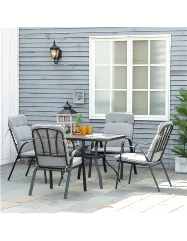 Outsunny 5 Pieces Outdoor Square Garden Dining Set w/ Tempered Glass Dining Table 4 Cushioned Armchairs, Umbrella Hole, Grey