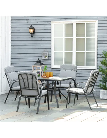 Outsunny 5 Pieces Outdoor Square Garden Dining Set w/ Tempered Glass Dining Table 4 Cushioned Armchairs, Umbrella Hole, Grey