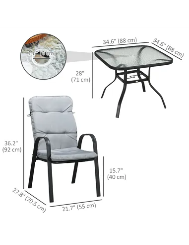 Outsunny 5 Pieces Outdoor Square Garden Dining Set w/ Tempered Glass Dining Table 4 Cushioned Armchairs, Umbrella Hole, Grey