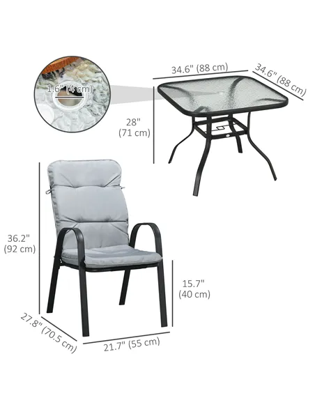 Outsunny 5 Pieces Outdoor Square Garden Dining Set w/ Tempered Glass Dining Table 4 Cushioned Armchairs, Umbrella Hole, Grey