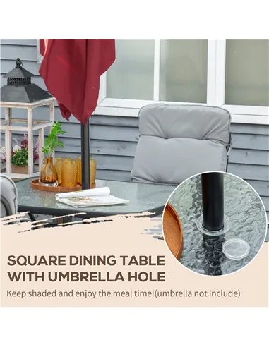 Outsunny 5 Pieces Outdoor Square Garden Dining Set w/ Tempered Glass Dining Table 4 Cushioned Armchairs, Umbrella Hole, Grey