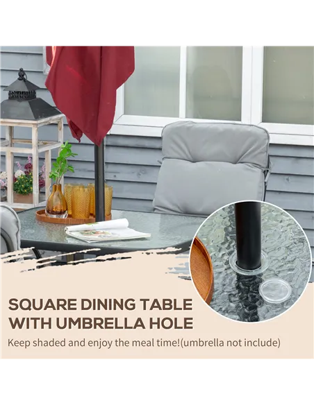 Outsunny 5 Pieces Outdoor Square Garden Dining Set w/ Tempered Glass Dining Table 4 Cushioned Armchairs, Umbrella Hole, Grey