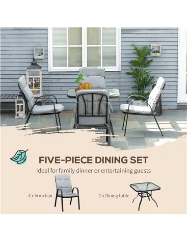 Outsunny 5 Pieces Outdoor Square Garden Dining Set w/ Tempered Glass Dining Table 4 Cushioned Armchairs, Umbrella Hole, Grey