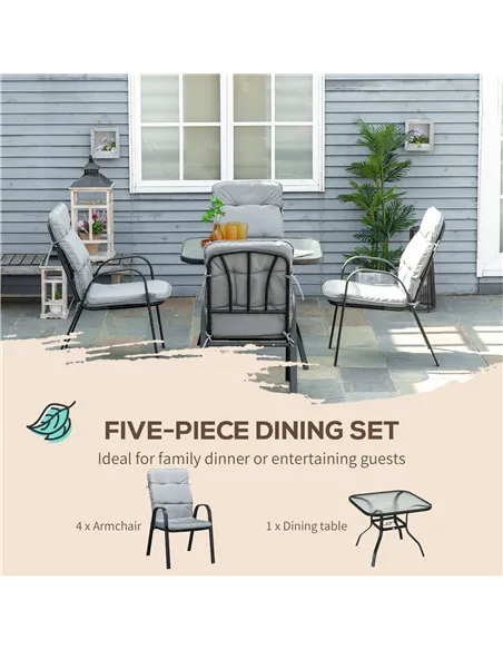 Outsunny 5 Pieces Outdoor Square Garden Dining Set w/ Tempered Glass Dining Table 4 Cushioned Armchairs, Umbrella Hole, Grey