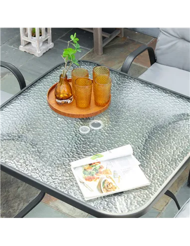 Outsunny 5 Pieces Outdoor Square Garden Dining Set w/ Tempered Glass Dining Table 4 Cushioned Armchairs, Umbrella Hole, Grey