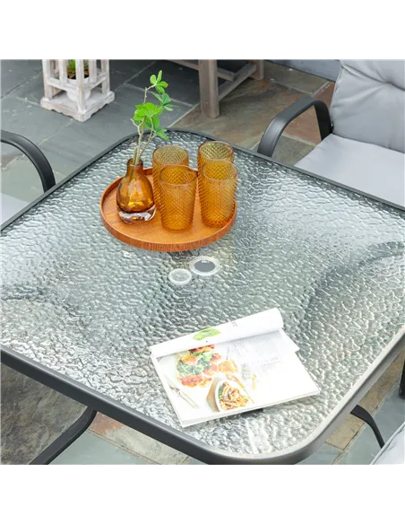 Outsunny 5 Pieces Outdoor Square Garden Dining Set w/ Tempered Glass Dining Table 4 Cushioned Armchairs, Umbrella Hole, Grey