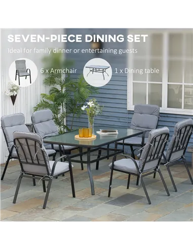 Outsunny Seven-Piece Garden Dining Set with Cushions - Grey