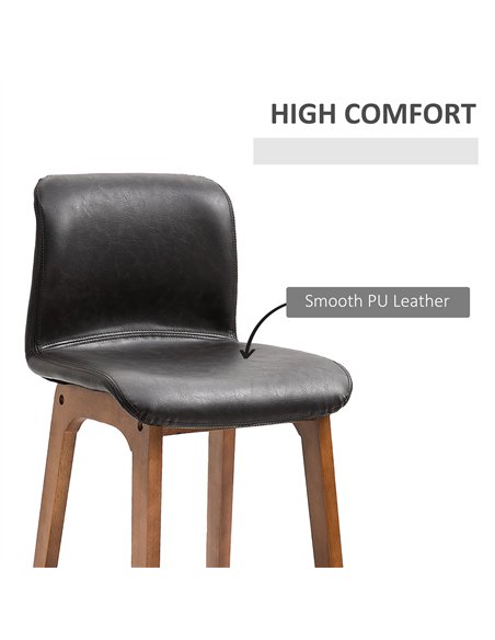 HOMCOM Modern Bar Stools Set of 2, PU Leather Upholstered Bar Chairs with Wooden Frame, Footrest for Home Bar, Dining Room