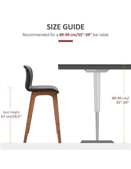 HOMCOM Modern Bar Stools Set of 2, PU Leather Upholstered Bar Chairs with Wooden Frame, Footrest for Home Bar, Dining Room