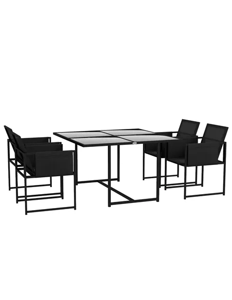 Outsunny 5 Piece Garden Dining Set with Breathable Mesh Seat, Adjustable Backrest, Tempered Glass Table Top for Patio, Black