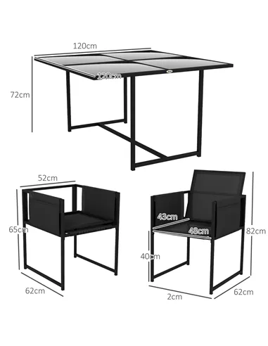 Outsunny 5 Piece Garden Dining Set with Breathable Mesh Seat, Adjustable Backrest, Tempered Glass Table Top for Patio, Black