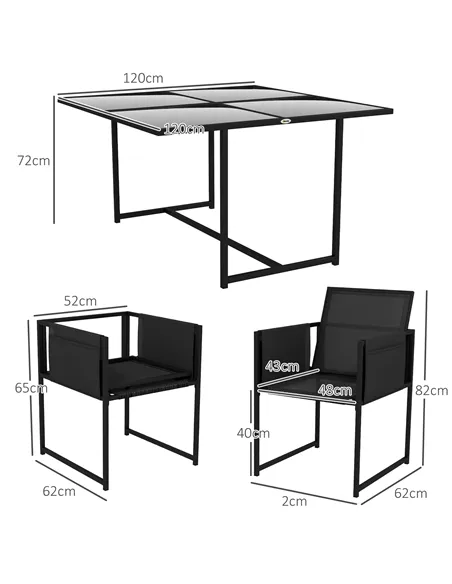 Outsunny 5 Piece Garden Dining Set with Breathable Mesh Seat, Adjustable Backrest, Tempered Glass Table Top for Patio, Black