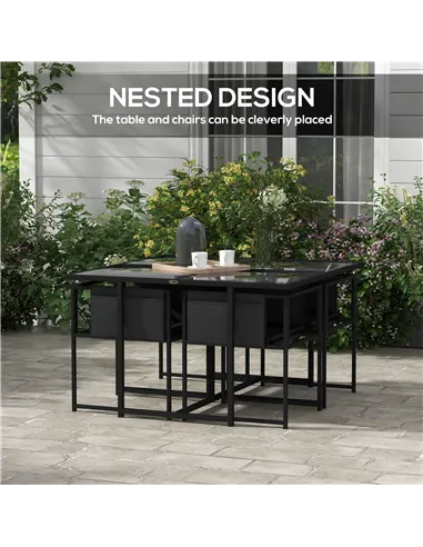 Outsunny 5 Piece Garden Dining Set with Breathable Mesh Seat, Adjustable Backrest, Tempered Glass Table Top for Patio, Black
