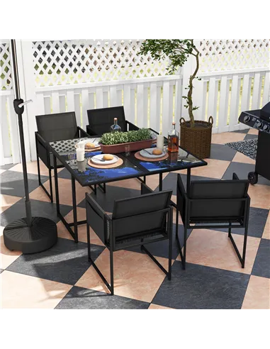 Outsunny 5 Piece Garden Dining Set with Breathable Mesh Seat, Adjustable Backrest, Tempered Glass Table Top for Patio, Black