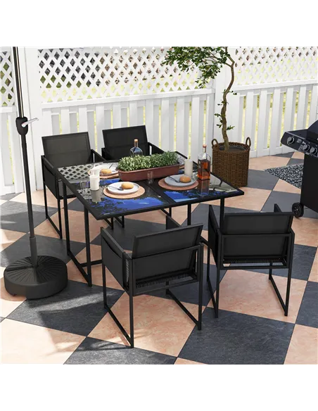 Outsunny 5 Piece Garden Dining Set with Breathable Mesh Seat, Adjustable Backrest, Tempered Glass Table Top for Patio, Black