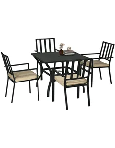 Outsunny 5 Pieces Garden Dining Set with Cushions, Outdoor Patio Table and 4 Stackable Chairs, Metal Top Table with Umbrella Hol