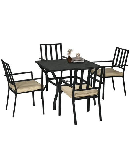Outsunny 5 Pieces Garden Dining Set with Cushions, Outdoor Patio Table and 4 Stackable Chairs, Metal Top Table with Umbrella Hol
