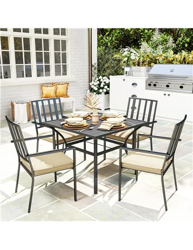 Outsunny 5 Pieces Garden Dining Set with Cushions, Outdoor Patio Table and 4 Stackable Chairs, Metal Top Table with Umbrella Hol