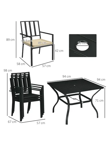 Outsunny 5 Pieces Garden Dining Set with Cushions, Outdoor Patio Table and 4 Stackable Chairs, Metal Top Table with Umbrella Hol