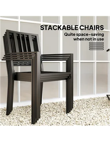 Outsunny 5 Pieces Garden Dining Set with Cushions, Outdoor Patio Table and 4 Stackable Chairs, Metal Top Table with Umbrella Hol