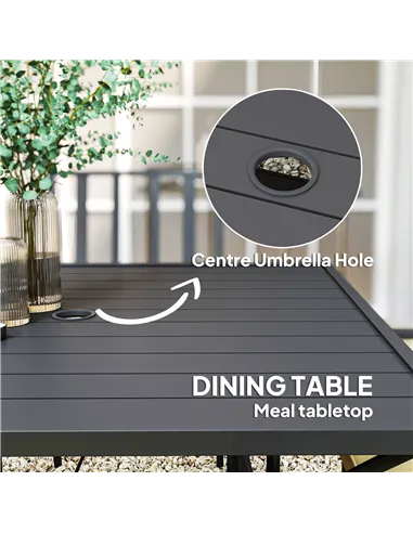 Outsunny 5 Pieces Garden Dining Set with Cushions, Outdoor Patio Table and 4 Stackable Chairs, Metal Top Table with Umbrella Hol