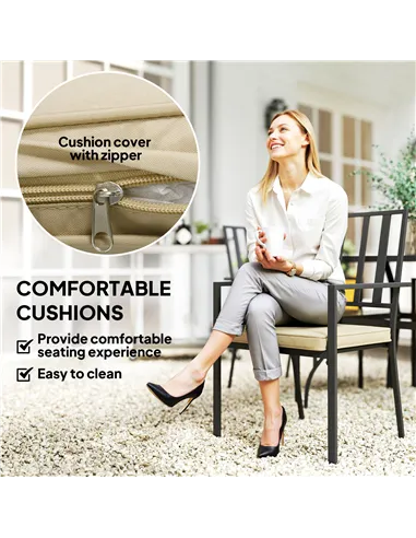 Outsunny 5 Pieces Garden Dining Set with Cushions, Outdoor Patio Table and 4 Stackable Chairs, Metal Top Table with Umbrella Hol