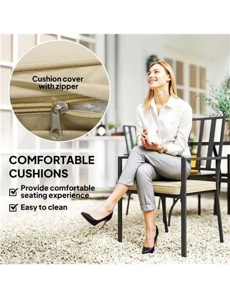 Outsunny 5 Pieces Garden Dining Set with Cushions, Outdoor Patio Table and 4 Stackable Chairs, Metal Top Table with Umbrella Hol