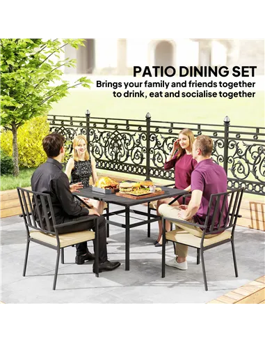 Outsunny 5 Pieces Garden Dining Set with Cushions, Outdoor Patio Table and 4 Stackable Chairs, Metal Top Table with Umbrella Hol