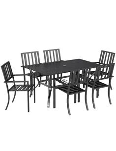 Outsunny 7 Pieces Garden Table and Chairs 6 Seater Outdoor Table and Chairs with Umbrella Hole, for Poolside, Garden, Black