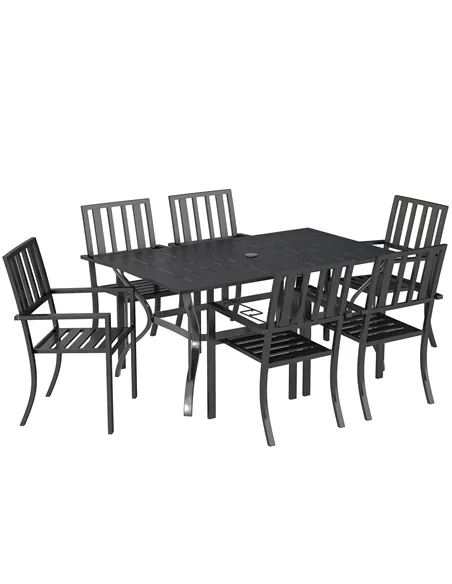 Outsunny 7 Pieces Garden Table and Chairs 6 Seater Outdoor Table and Chairs with Umbrella Hole, for Poolside, Garden, Black