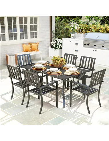 Outsunny 7 Pieces Garden Table and Chairs 6 Seater Outdoor Table and Chairs with Umbrella Hole, for Poolside, Garden, Black