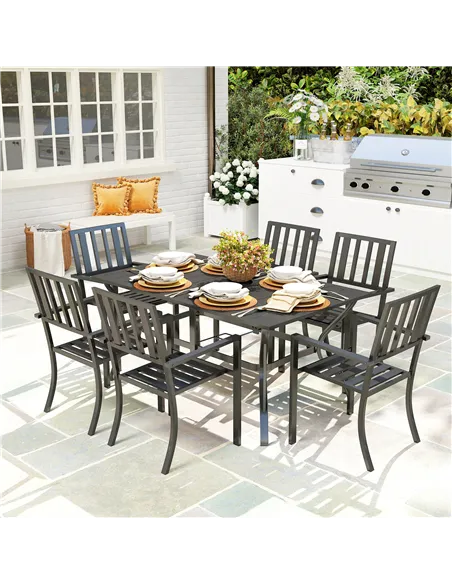 Outsunny 7 Pieces Garden Table and Chairs 6 Seater Outdoor Table and Chairs with Umbrella Hole, for Poolside, Garden, Black