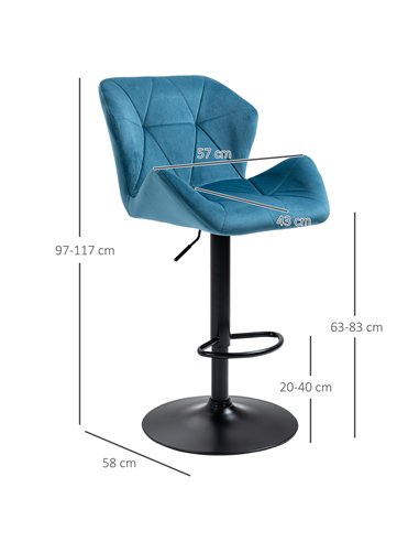 HOMCOM Bar Stools Set Of 2, Luxurious Velvet-Touch Barstools with Metal Frame Footrest Round Base Triangle Indenting Moulded Sea