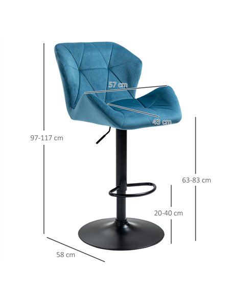 HOMCOM Bar Stools Set Of 2, Luxurious Velvet-Touch Barstools with Metal Frame Footrest Round Base Triangle Indenting Moulded Sea