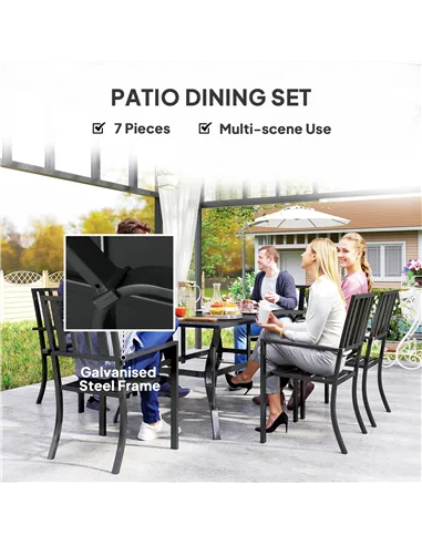 Outsunny 7 Pieces Garden Table and Chairs 6 Seater Outdoor Table and Chairs with Umbrella Hole, for Poolside, Garden, Black