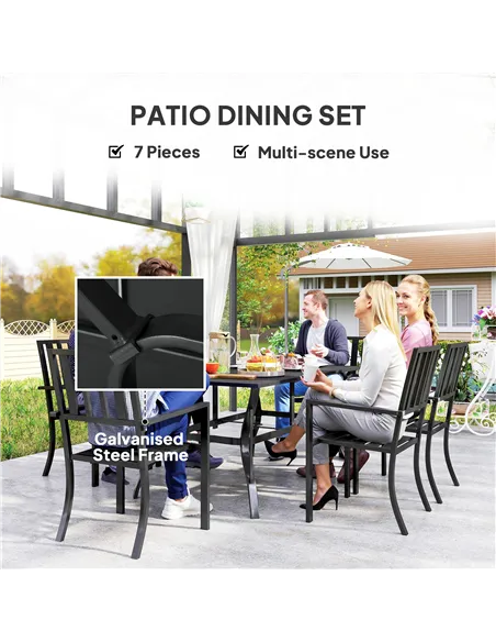 Outsunny 7 Pieces Garden Table and Chairs 6 Seater Outdoor Table and Chairs with Umbrella Hole, for Poolside, Garden, Black
