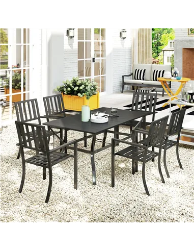 Outsunny 7 Pieces Garden Table and Chairs 6 Seater Outdoor Table and Chairs with Umbrella Hole, for Poolside, Garden, Black