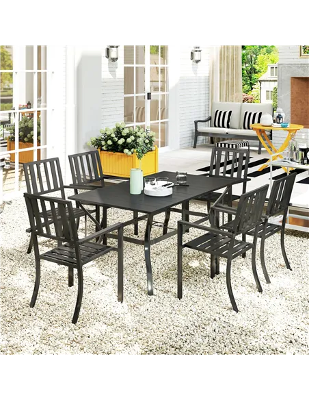 Outsunny 7 Pieces Garden Table and Chairs 6 Seater Outdoor Table and Chairs with Umbrella Hole, for Poolside, Garden, Black