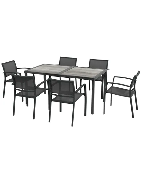 Outsunny Seven-Piece Casual Outdoor Dining Set, with Wood-Effect Table - Grey