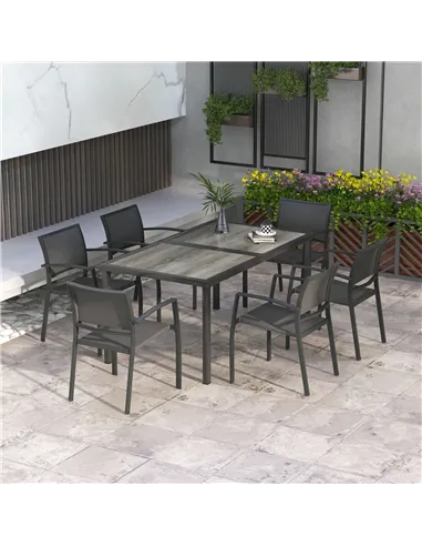 Outsunny Seven-Piece Casual Outdoor Dining Set, with Wood-Effect Table - Grey