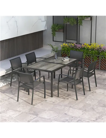 Outsunny Seven-Piece Casual Outdoor Dining Set, with Wood-Effect Table - Grey