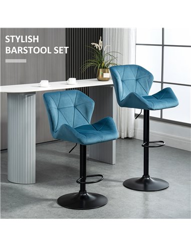 HOMCOM Bar Stools Set Of 2, Luxurious Velvet-Touch Barstools with Metal Frame Footrest Round Base Triangle Indenting Moulded Sea