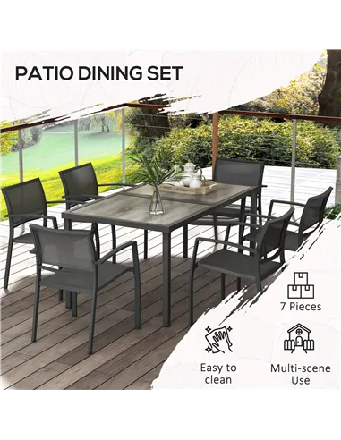 Outsunny Seven-Piece Casual Outdoor Dining Set, with Wood-Effect Table - Grey