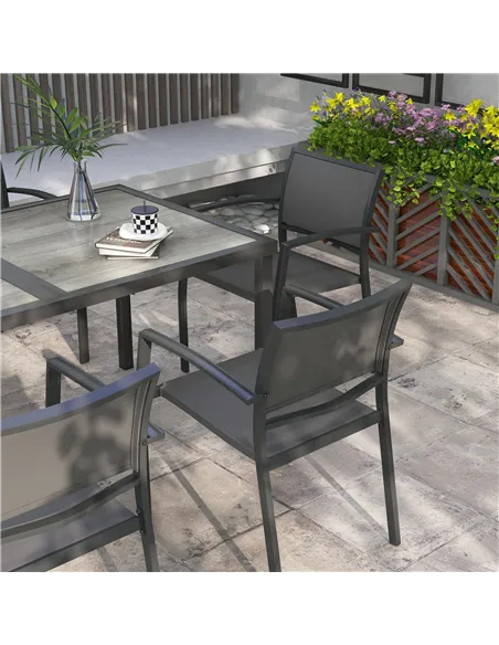 Outsunny Seven-Piece Casual Outdoor Dining Set, with Wood-Effect Table - Grey
