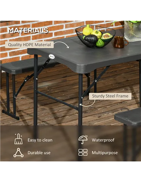 Outsunny Folding Picnic Table with 2 Benches, 3-Piece Portable Garden Furniture Set for 4, Dining Table Set with Plastic Top, St