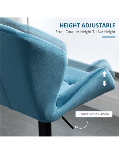 HOMCOM Bar Stools Set Of 2, Luxurious Velvet-Touch Barstools with Metal Frame Footrest Round Base Triangle Indenting Moulded Sea